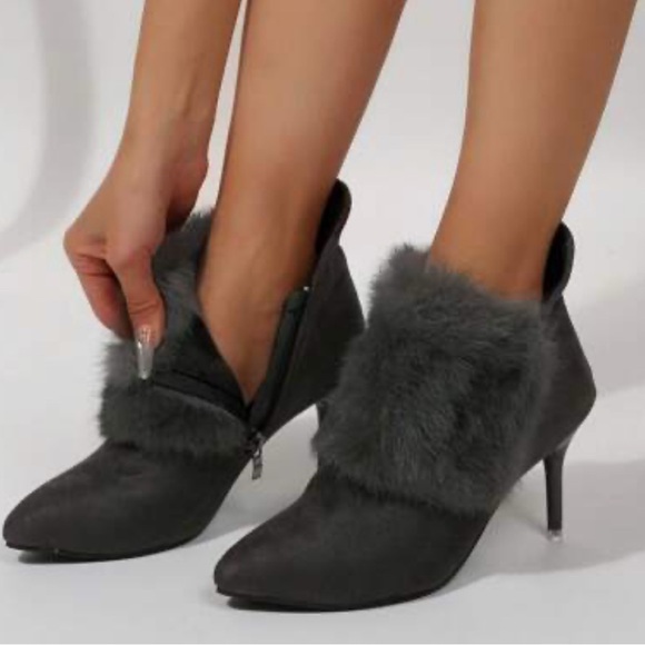 Velvet Heart Gray Heeled Boots with Fur Trim - Picture 1 of 16